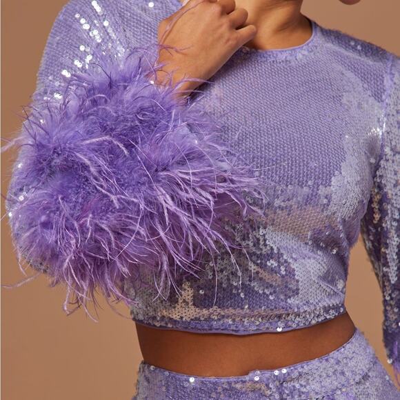 Purple Sequin and Feather Matching Set long sleeve high waist XS/S - Picture 6 of 10
